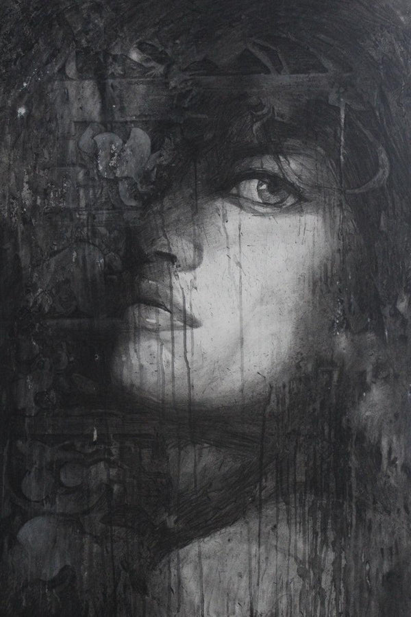 Figurative charcoal painting titled 'Royal Era 2', 36x30 inches, by artist Ajay Sangve on paper