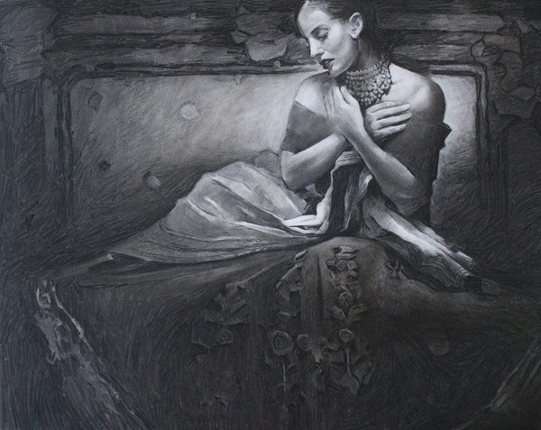 Figurative charcoal painting titled 'Royal Era 3', 30x30 inches, by artist Ajay Sangve on paper