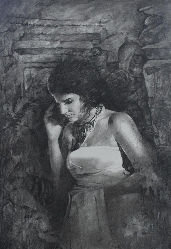 Figurative charcoal painting titled 'Royal Era', 36x30 inches, by artist Ajay Sangve on paper