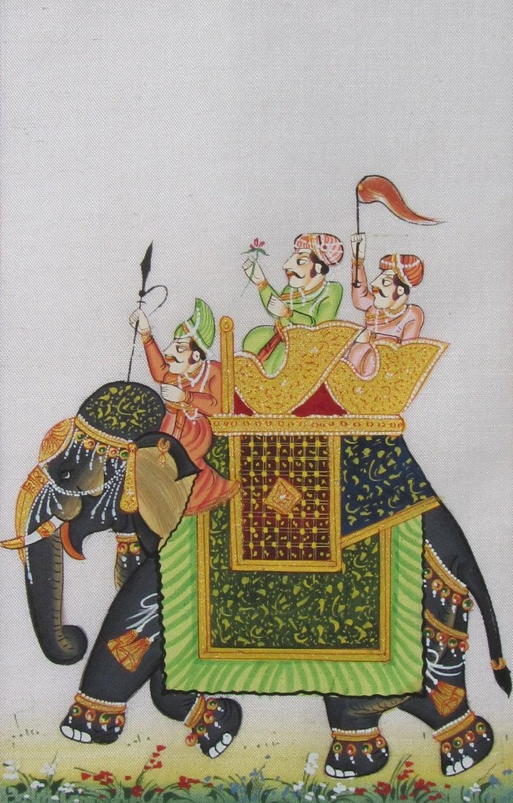 Animals miniature traditional art titled 'Royal March On Elephant', 6x4 inches, by artist Unknown on Silk