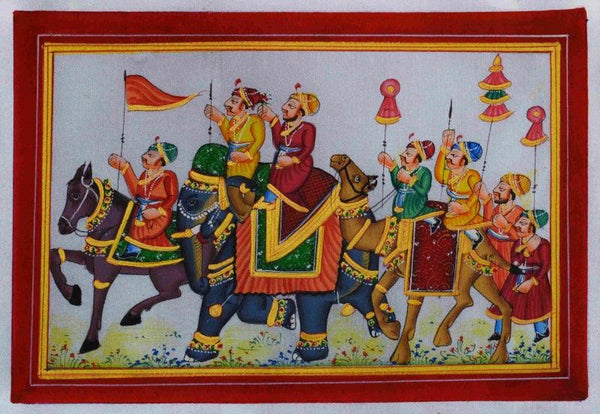 Figurative mughal traditional art titled 'Royal Procession 1', 7x10 inches, by artist Unknown on Silk