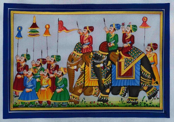 Figurative mughal traditional art titled 'Royal Procession 2', 7x10 inches, by artist Unknown on Silk