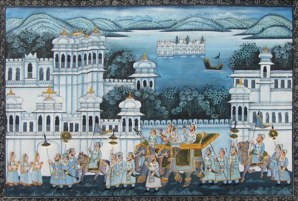 Figurative mughal traditional art titled 'Royal Procession', 8x12 inches, by artist E Craft on Silk