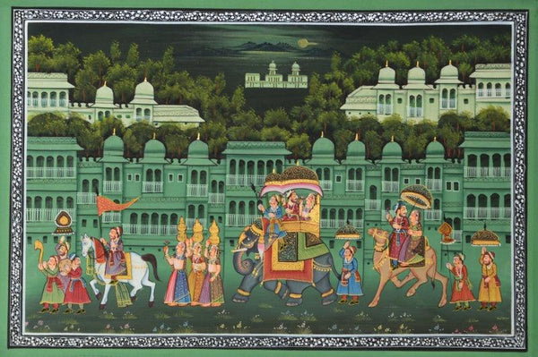 Figurative mughal traditional art titled 'Royal Procession At Night', 10x14 inches, by artist Unknown on Silk