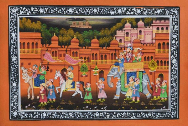 Figurative mughal traditional art titled 'Royal Procession In Town', 7x10 inches, by artist Unknown on Silk