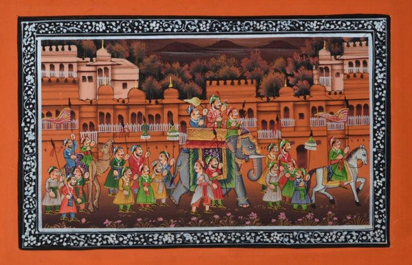 Figurative mughal traditional art titled 'Royal Procession Passing Through Town', 5x8 inches, by artist Unknown on Silk