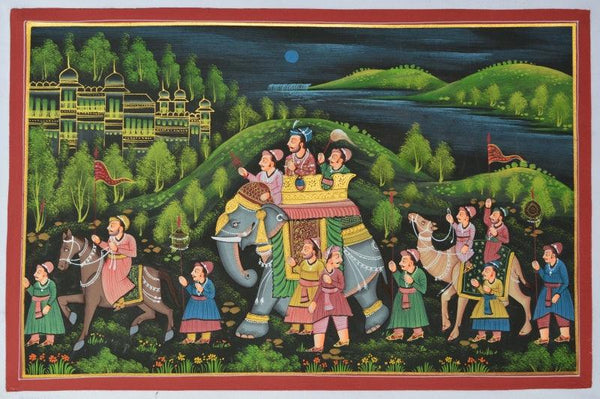 Figurative mughal traditional art titled 'Royal Procession Passing Through Woods 1', 10x15 inches, by artist Unknown on Silk