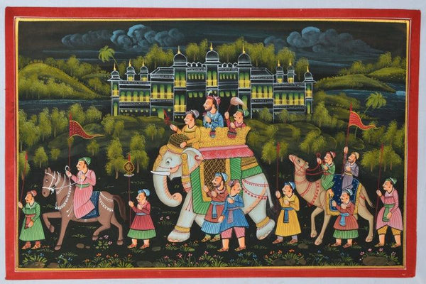 Figurative mughal traditional art titled 'Royal Procession Passing Through Woods 2', 10x15 inches, by artist Unknown on Silk