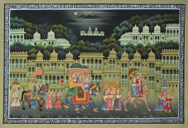 Figurative mughal traditional art titled 'Royal Procession With Camel Horse And El', 10x14 inches, by artist Unknown on Silk