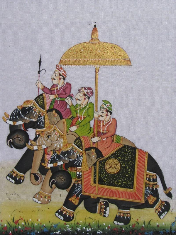 Animals miniature traditional art titled 'Royal Procession With Elephant', 6x5 inches, by artist Unknown on Silk