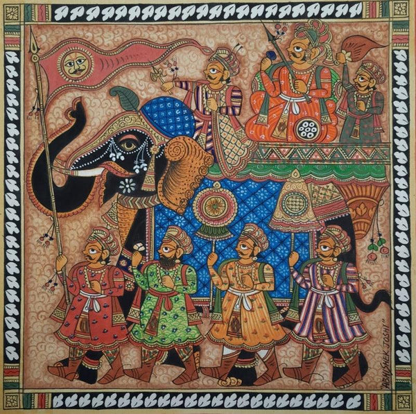 Religious phad traditional art titled 'Royal Ride 2', 18x18 inches, by artist Abhishek Joshi on Handmade Canvas