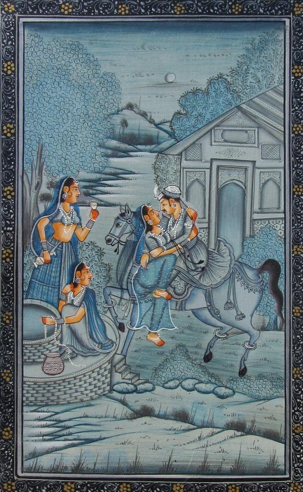 Figurative mughal traditional art titled 'Royal Romatic Scene', 7x11 inches, by artist E Craft on Paper