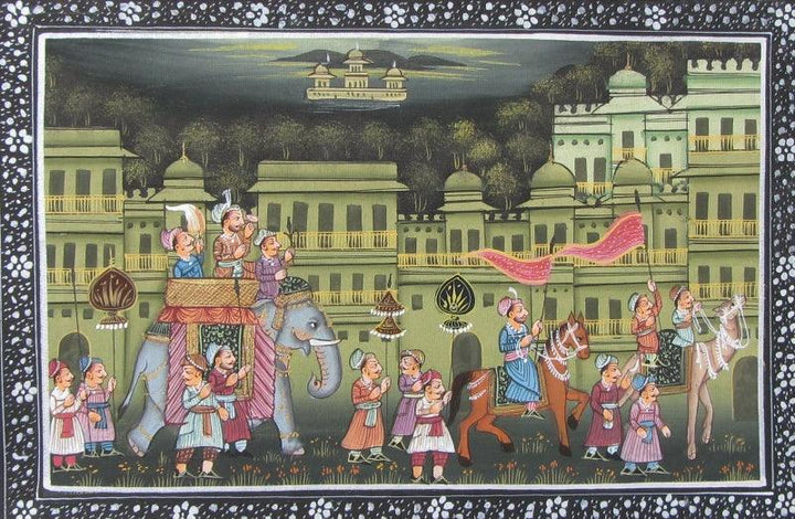 Figurative miniature traditional art titled 'Royal Troop Mughal Painting', 6x8 inches, by artist Unknown on Silk