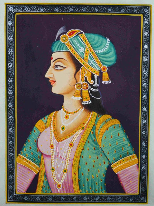 Figurative mughal traditional art titled 'Royal Woman Fighter', 13x10 inches, by artist Unknown on Silk