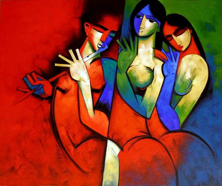 Figurative acrylic painting titled 'Rthym In Red', 36x30 inches, by artist Arvind Kolapkar on Canvas