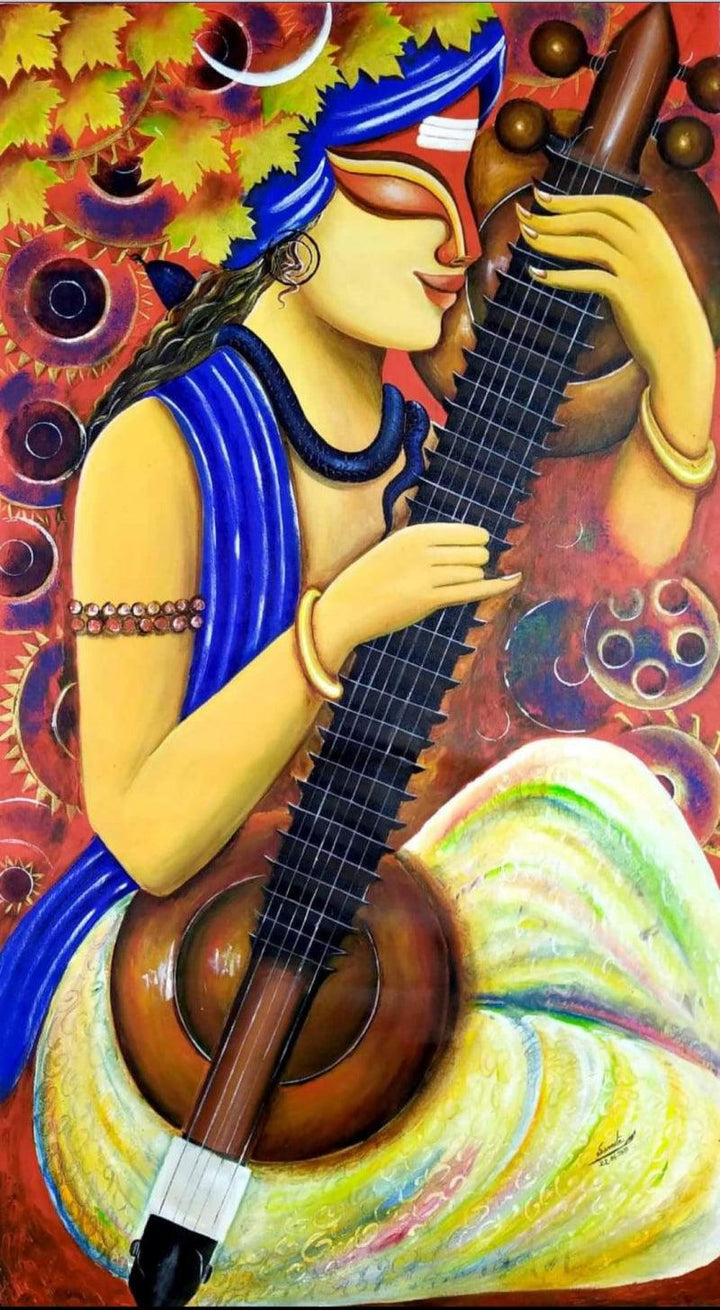 Religious acrylic painting titled 'Rudra Veena 1', 48x28 inches, by artist Susmita Mandal on Canvas