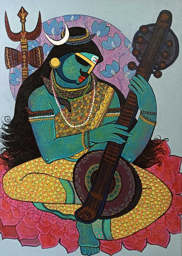 Religious acrylic painting titled 'Rudraveena', 28x20 inch, by artist Priyanka Chivte on Canvas