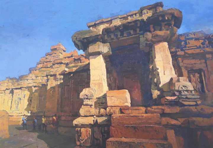 Cityscape acrylic painting titled 'Ruins Of Chalukyan Empire', 20x30 inches, by artist Ajay Sangve on Canvas