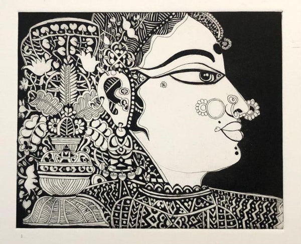 Figurative printmaking titled 'Rukmini', 8x10 inches, by artist Nagesh Goud on Fabriano Paper