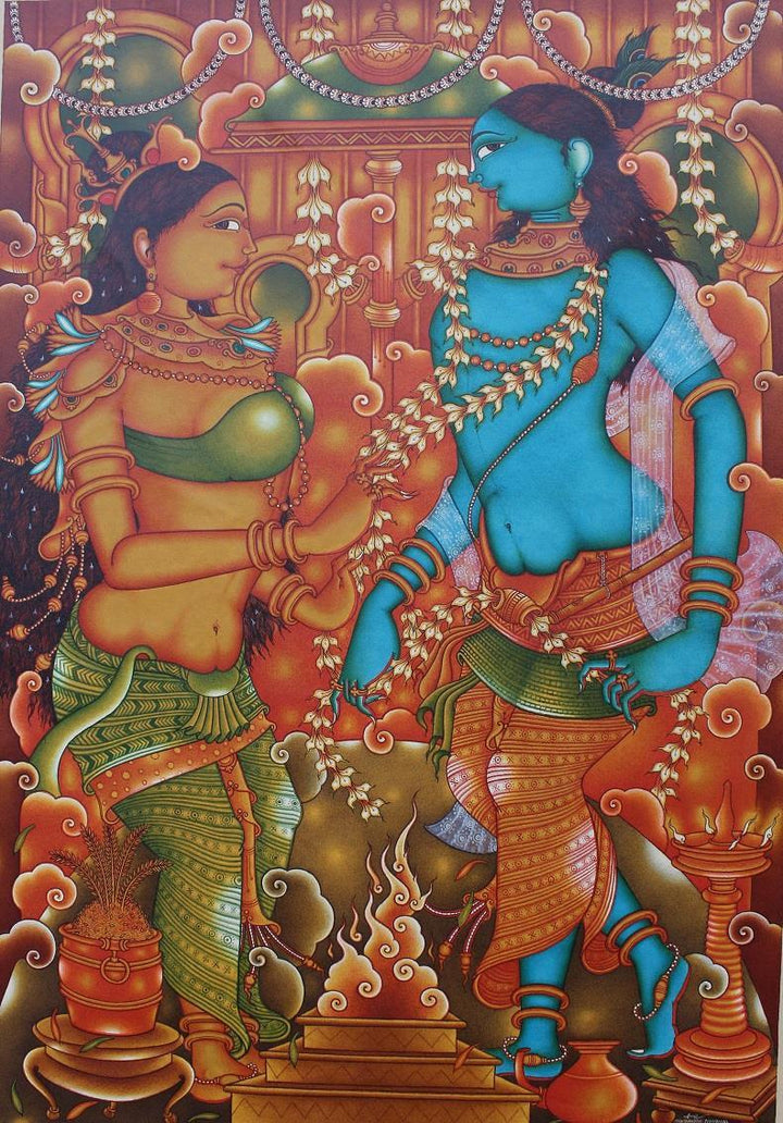 Religious acrylic painting titled 'Rukmini Swayamvaram', 61x42 inches, by artist Manikandan Punnakkal on Canvas