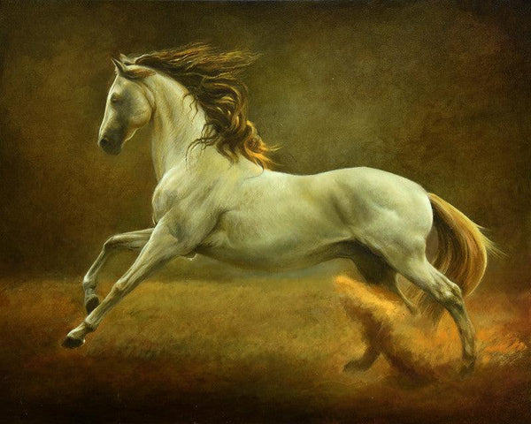 Animals oil painting titled 'Running Horse', 30x24 inches, by artist Biju Thomas on Canvas