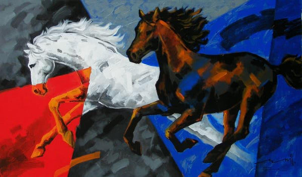 Animals acrylic painting titled 'Running Horses 1', 36x60 inches, by artist Devidas Dharmadhikari on Canvas