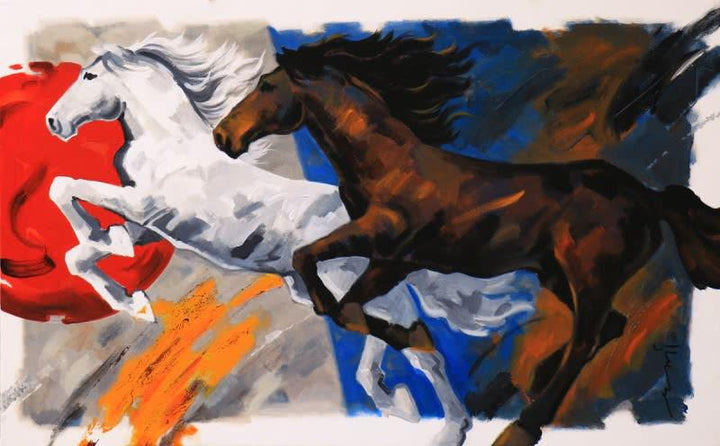 Animals acrylic painting titled 'Running Horses 2', 30x48 inches, by artist Devidas Dharmadhikari on Canvas