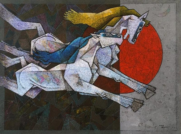 Animals acrylic painting titled 'Running Horses', 36x48 inches, by artist Dinkar Jadhav on Canvas