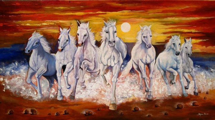 Animals acrylic painting titled 'Running White Horses', 33x60 inches, by artist Arjun Das on canvas