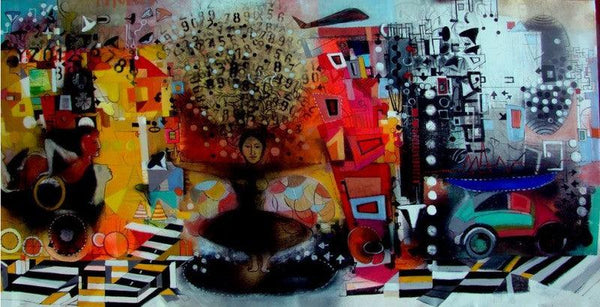 Abstract acrylic painting titled 'Runway', 28x59 inches, by artist Madan Lal on Canvas