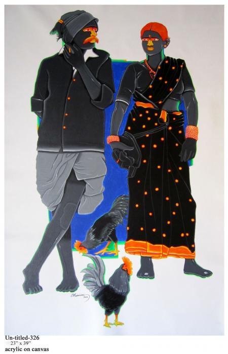 Figurative acrylic painting titled 'Rural Couple I', 23x39 inches, by artist Tailor Srinivas on Canvas