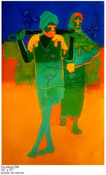 Figurative acrylic painting titled 'Rural Couple II', 24x35 inches, by artist Tailor Srinivas on Canvas