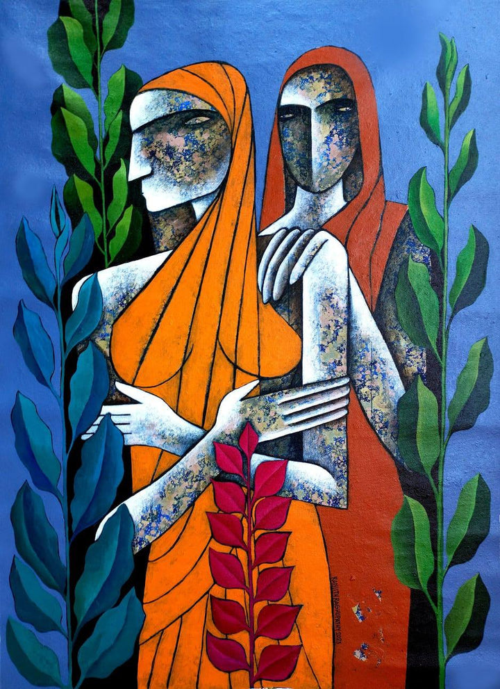 Figurative acrylic painting titled 'Rural Days', 40x30 inches, by artist Ranjith Raghupathy on Canvas