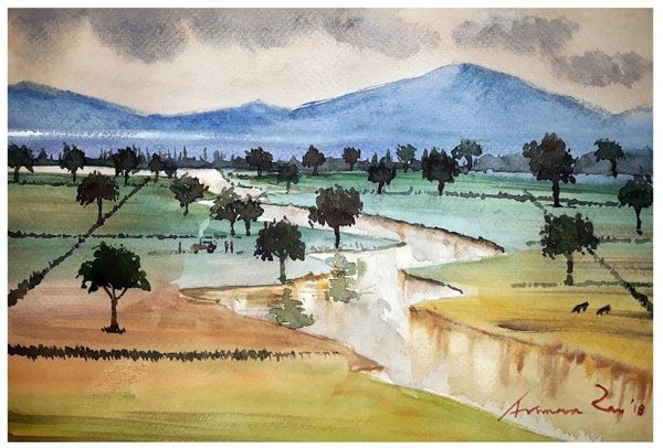 Cityscape watercolor painting titled 'Rural Landscape', 7x11 inches, by artist Arunava Ray on Paper