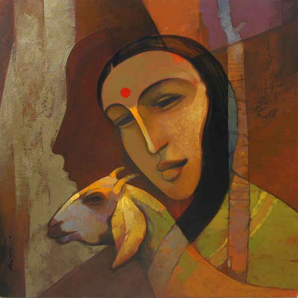 Figurative acrylic painting titled 'Rural Life 2', 24x24 inches, by artist Sachin Akalekar on Canvas