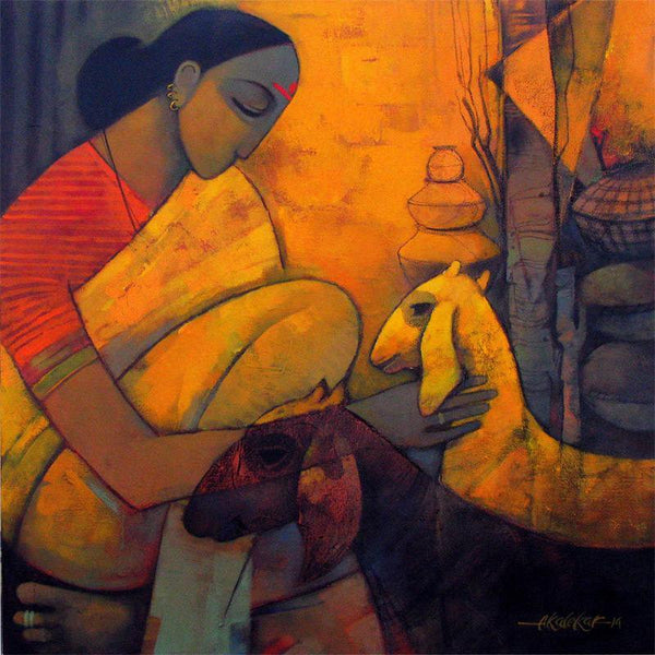 Figurative acrylic painting titled 'Rural Life 3', 24x24 inches, by artist Sachin Akalekar on Canvas