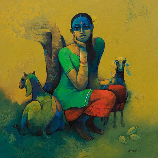 Figurative acrylic painting titled 'Rural Life', 48x48 inches, by artist Sachin Akalekar on Canvas