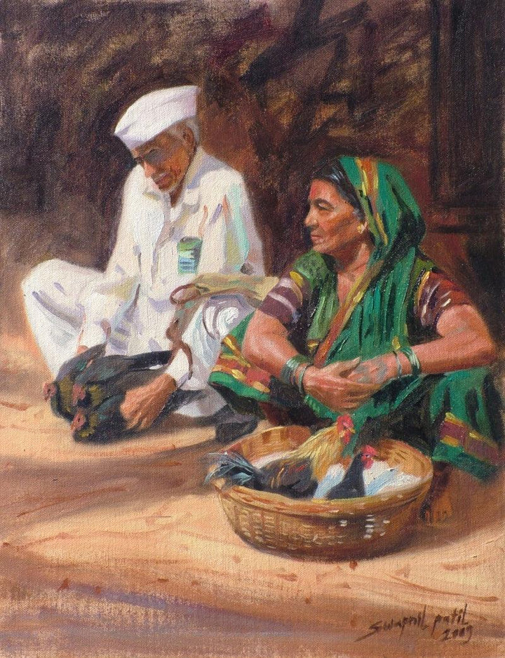 Figurative oil painting titled 'Rural Market', 18x14 inches, by artist Swapnil Patil on Canvas