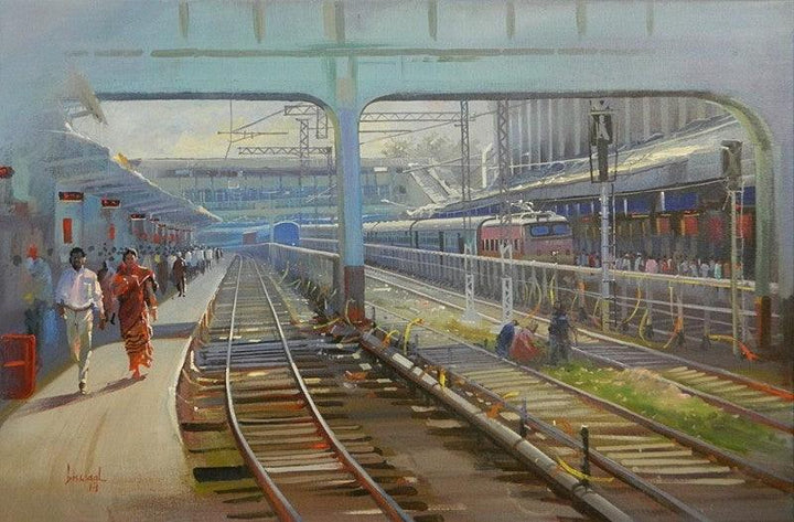 Cityscape acrylic painting titled 'Rush Hour', 24x36 inches, by artist Bijay Biswaal on Canvas