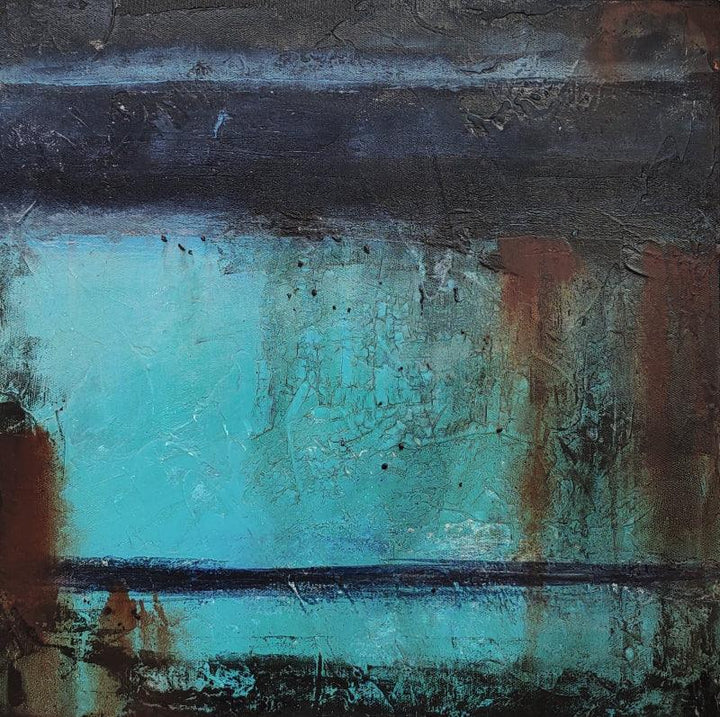 Abstract mixed media titled 'Rusted wall series 1', 12x12 inches, by artist Roni Sarkar on Canvas