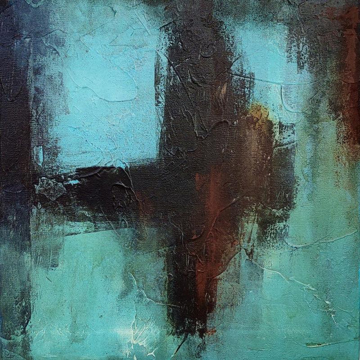 Abstract mixed media titled 'Rusted wall series 2', 12x12 inches, by artist Roni Sarkar on Canvas