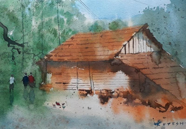 Landscape watercolor painting titled 'Rustic Home 2', 16x18 inches, by artist Rupesh Patil on Paper