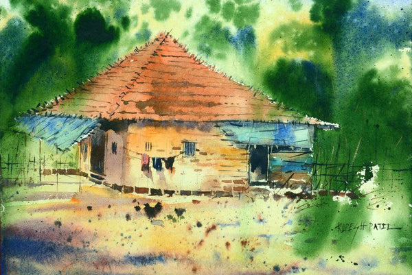 Landscape watercolor painting titled 'Rustic Home 3', 12x16 inches, by artist Rupesh Patil on Paper