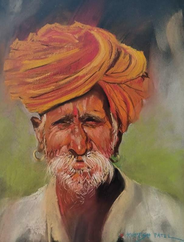 Portrait pastel drawing titled 'Rustic Man', 18x16 inches, by artist Rupesh Patil on Paper