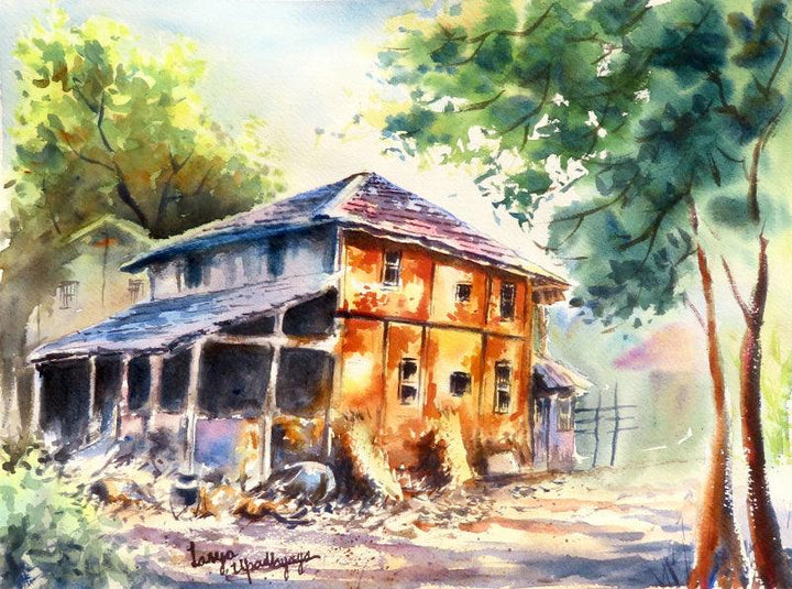 Landscape watercolor painting titled 'Rustic Retreat', 11x15 inches, by artist Lasya Upadhyaya on Paper