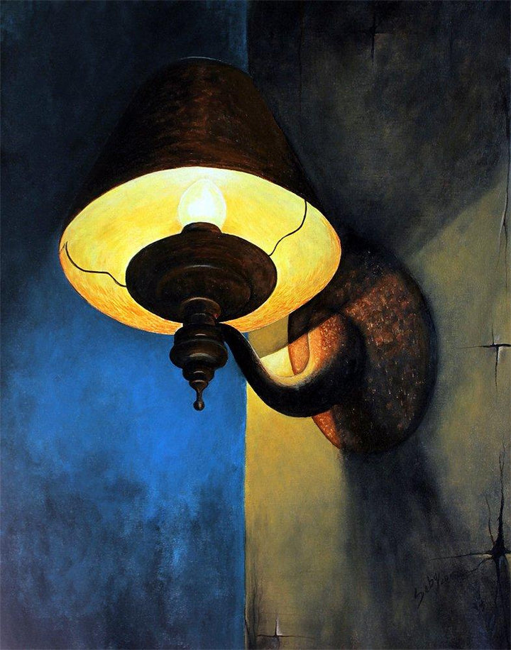 Still-life acrylic painting titled 'Rusty lamp', 28x22 inches, by artist Seby Augustine on Canvas