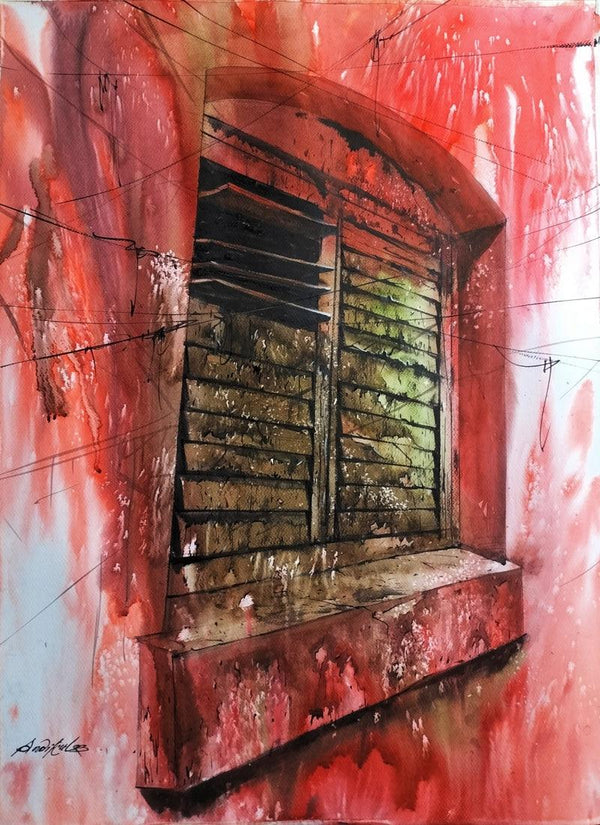 Still-life watercolor painting titled 'Rusty Old Window', 30x22 inches, by artist Sadikul Islam on Paper