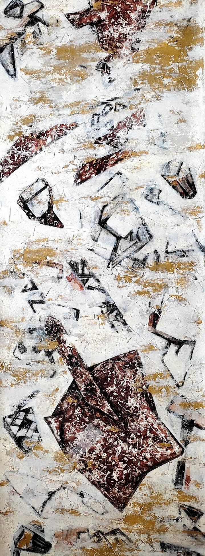 Abstract mixed media painting titled 'Rusty tools', 168x28 inches, by artist Dhananjoy Das Painting on Canvas