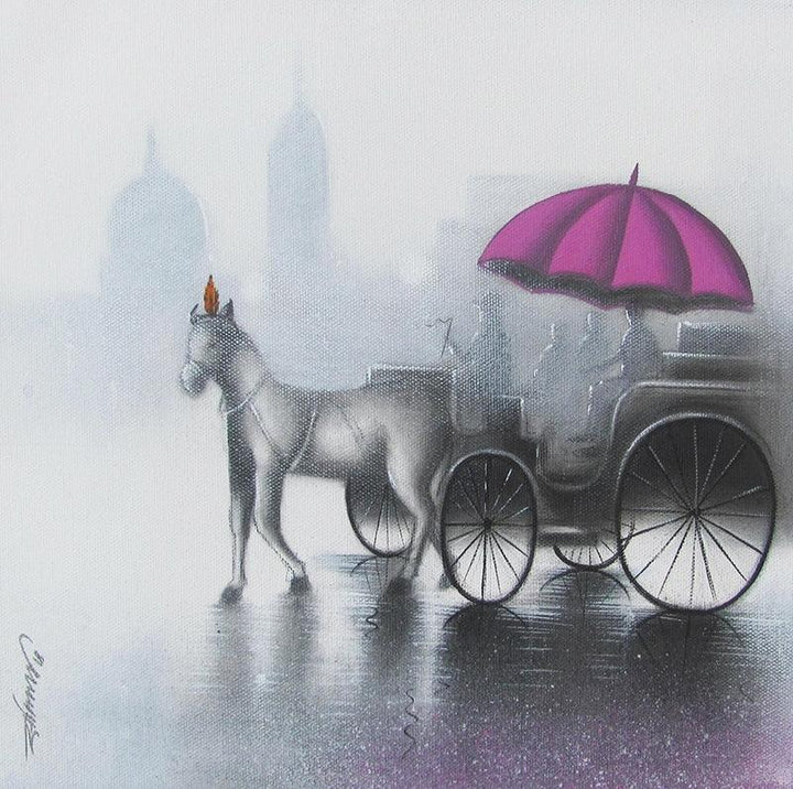 Cityscape mixed media painting titled 'Rythmic Monsoon Ride 4', 12x12 inches, by artist Somnath Bothe on Canvas