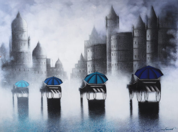 Cityscape acrylic-charcoal painting titled 'Rythmic Monsoon Ride', 36x48 inch, by artist Somnath Bothe on Canvas